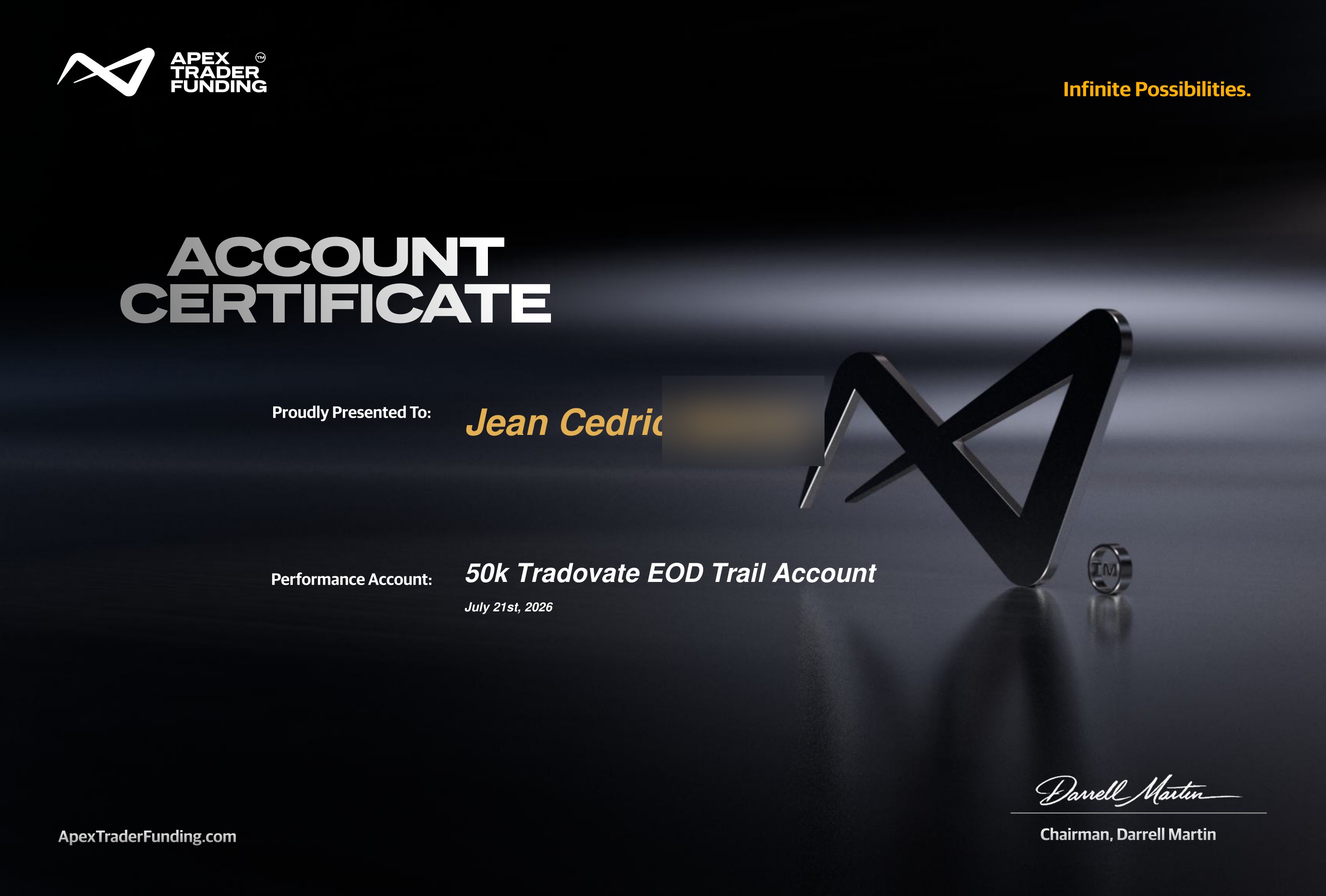 Certificat Apex Trader Funding — élève KORP X