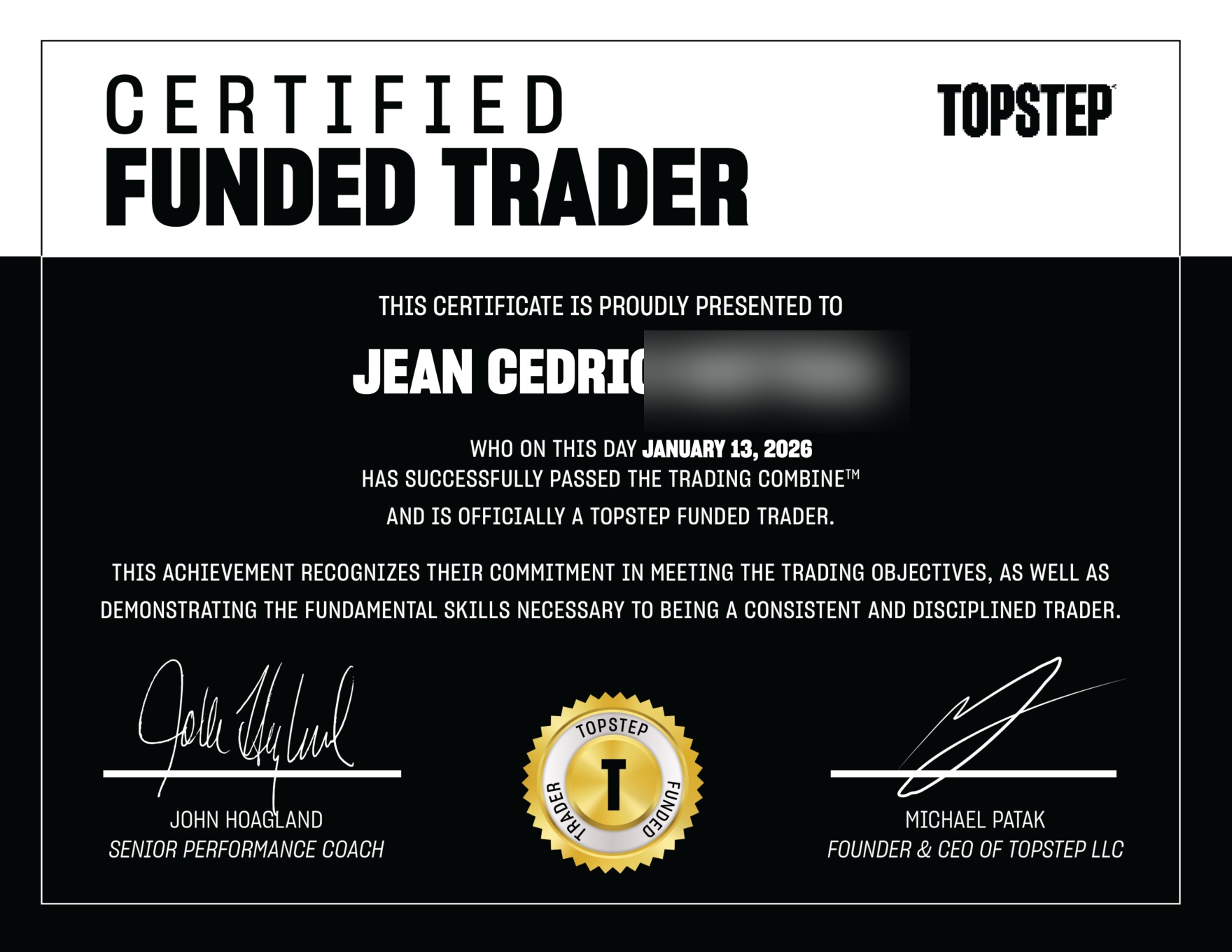 Certificat Topstep Funded Trader — élève KORP X