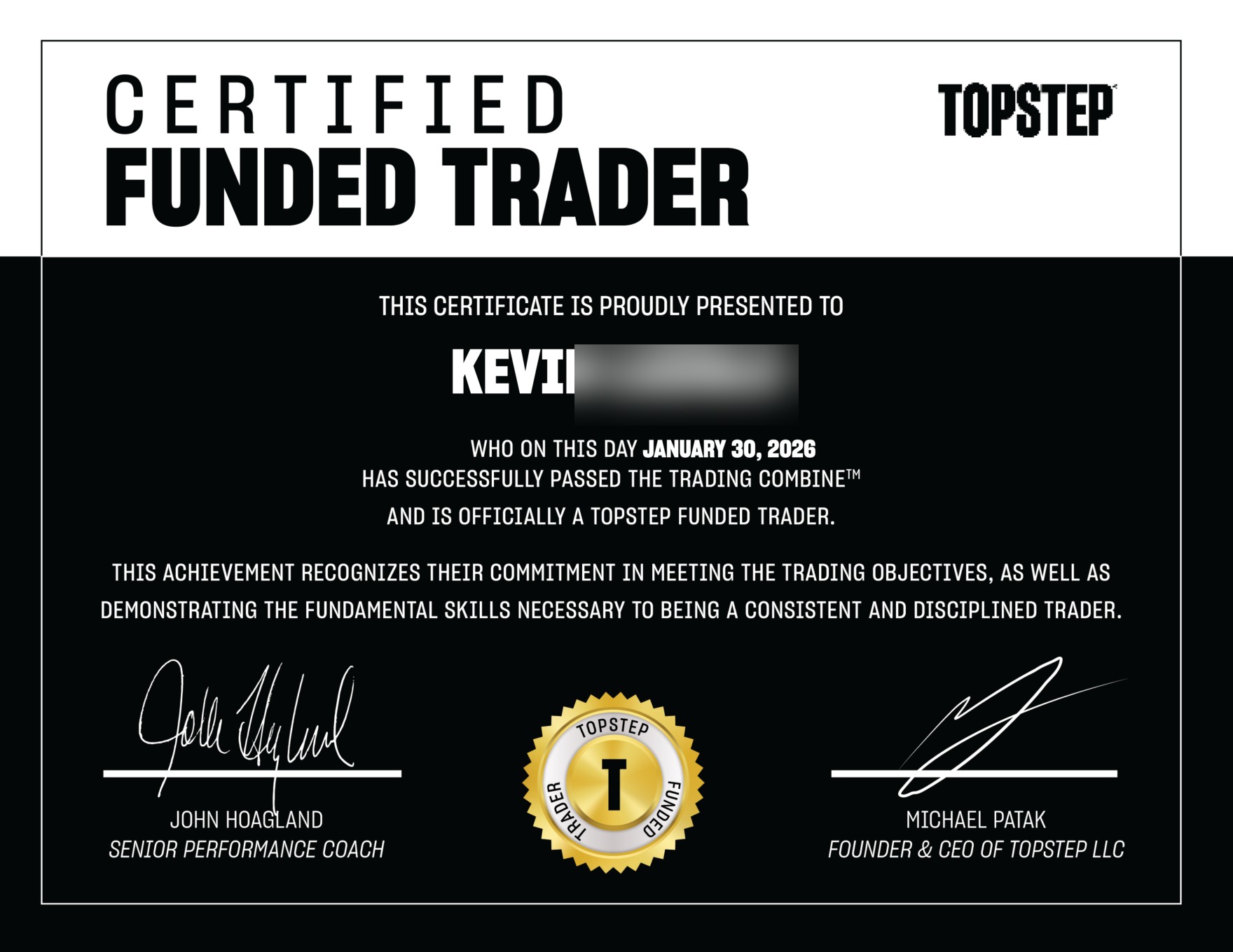 Certificat Topstep Funded Trader — élève KORP X
