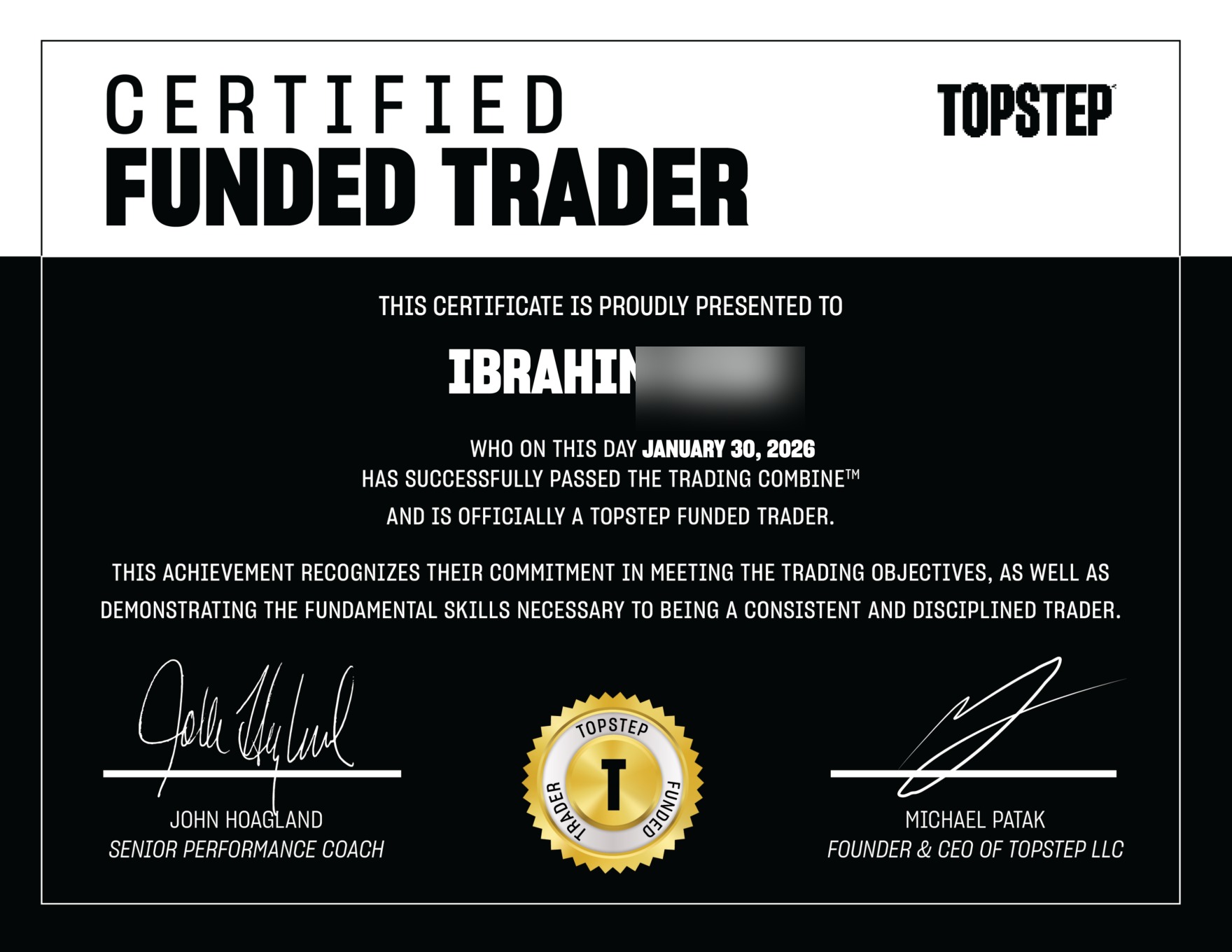 Certificat Topstep Funded Trader — élève KORP X