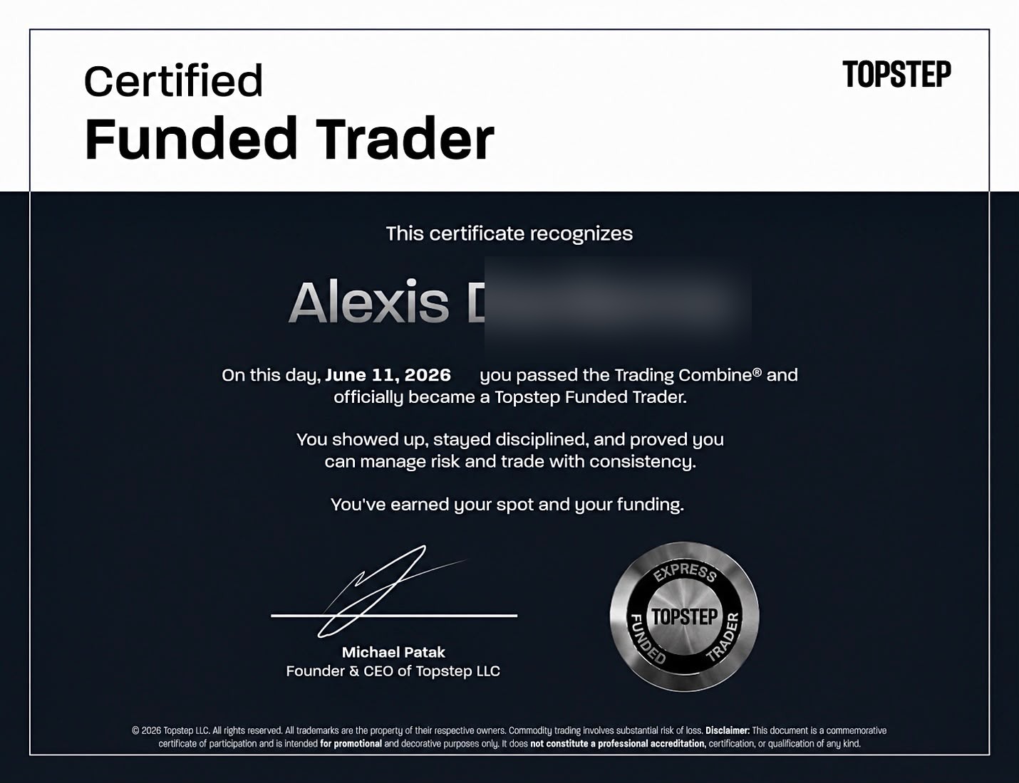 Certificat Topstep Funded Trader — élève KORP X
