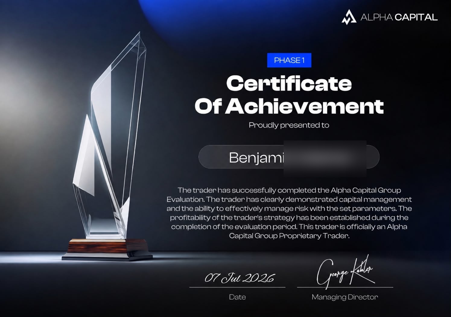 Certificat Alpha Capital — élève KORP X